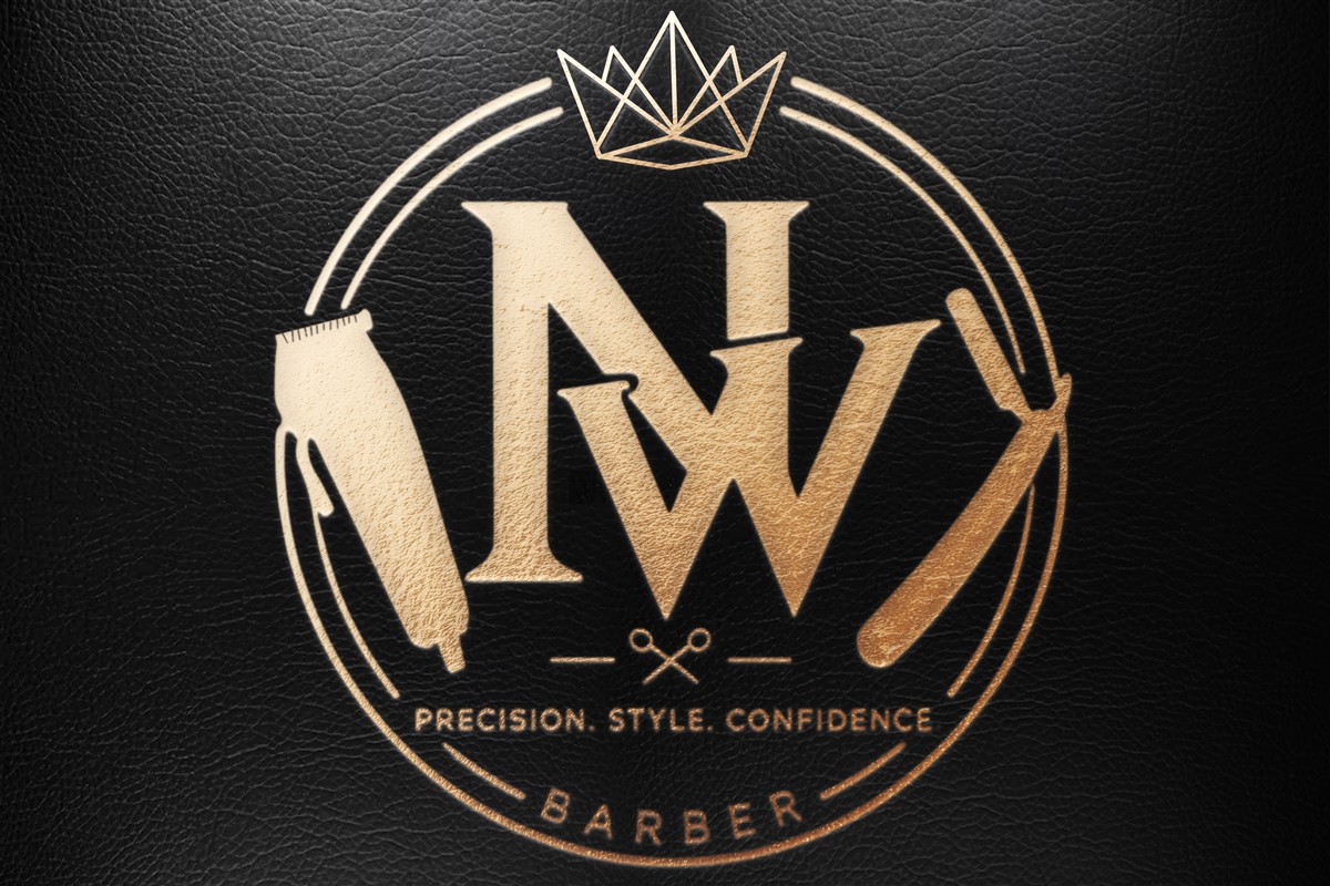 NW Barber gold crown, clippers and straight razor logo on black leather